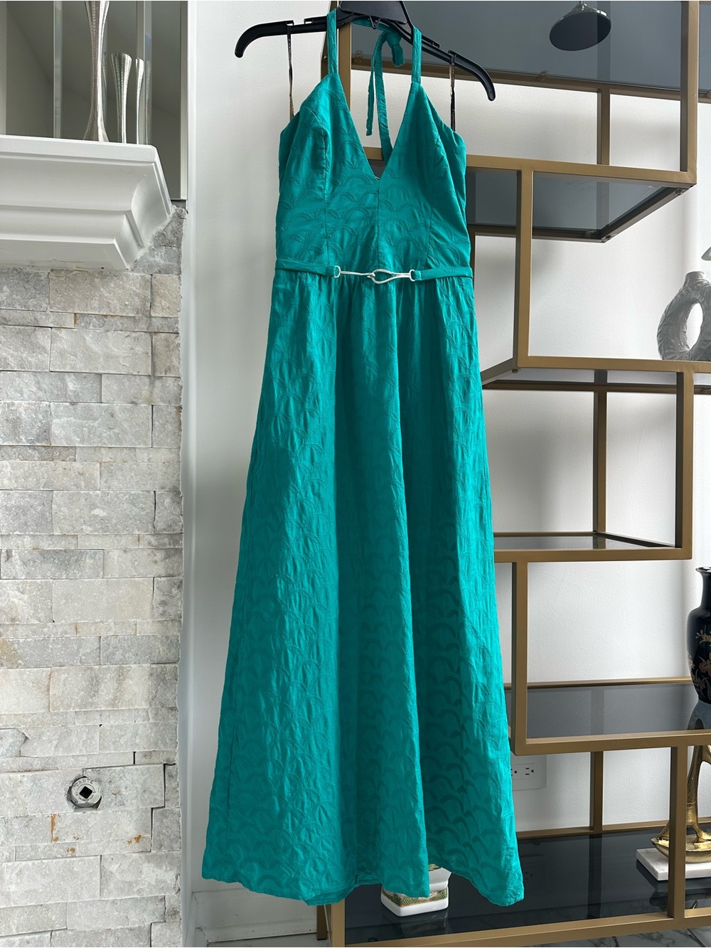VIX Paula Hermanny Teal Backless Halter Maxi Dress with Waist Detail 100% Cotton